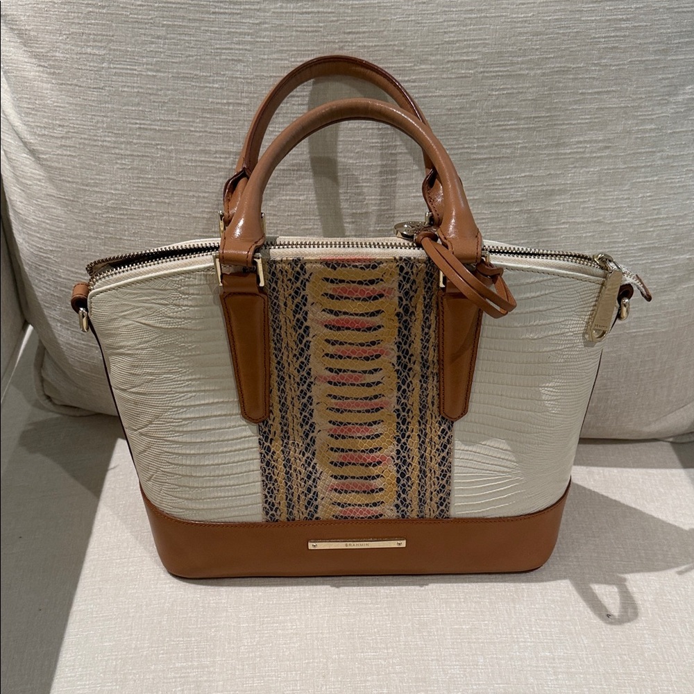 Cream & Tan Textured Satchel Handbag